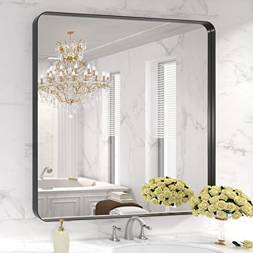 LOAAO 36X36 Inch Black Bathroom Mirror Metal Framed | Rounded Rectangle, Matte Black, Anti-Rust, Tempered Glass, Hangs Horizontally or Vertically - color: Black, size: 36"L x 36"W