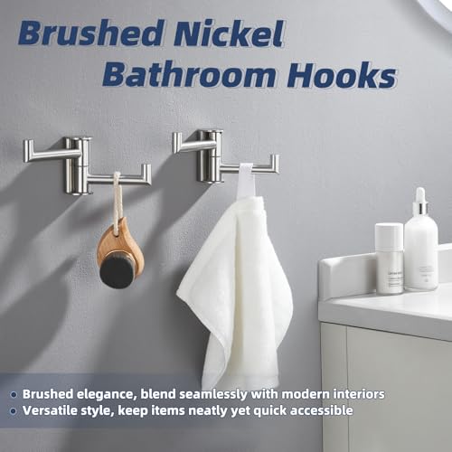 2 Pack Swivel Towel Hooks, Brushed Nickel, 304 Stainless Steel | Dual-Arm Hanging Capacity, 180° Swing-Out Rotation, Fold-Away Storage, Raised End Hooks, Closet, Hallway & Shower Use - color: Brushed Nickel, size: 2 Pack