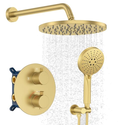 Iriber Thermostatic Shower System Wall Mount with 10 Inch Roud Rainfall Shower Head and Handheld,Shower Faucet Mixer Trim Kit (Valve Included),Brushed Gold - color: Brushed Gold 03
