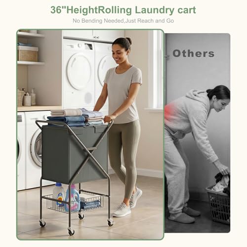 Laundry Basket with Wheels:88L Rolling Laundry Cart Foldable Metal Frame Dirty Clothes Laundry Hamper 36"H 4 Caster 2 Brake Waterproof Removable Liner Carry Handle for Dorm Laundry Room,Gray - color: Gray