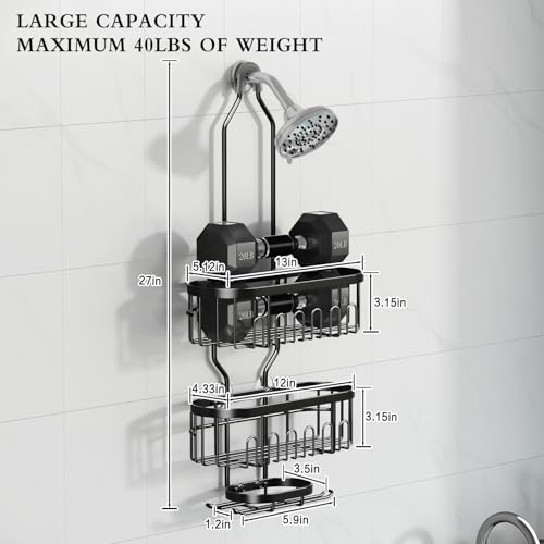 CICUFY Shower Caddy Hanging, Rustproof Bathroom Shower Organizer Hanging, No Drilling Over the Shower Head Caddy with Hooks for Razor, Shower Shampoo Holder with Soap Basket, Black