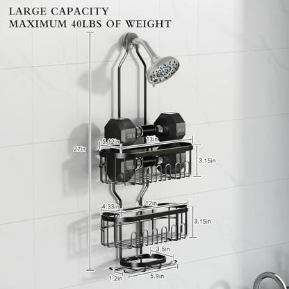 CICUFY Shower Caddy Hanging, Rustproof Bathroom Shower Organizer Hanging, No Drilling Over the Shower Head Caddy with Hooks for Razor, Shower Shampoo Holder with Soap Basket, Black