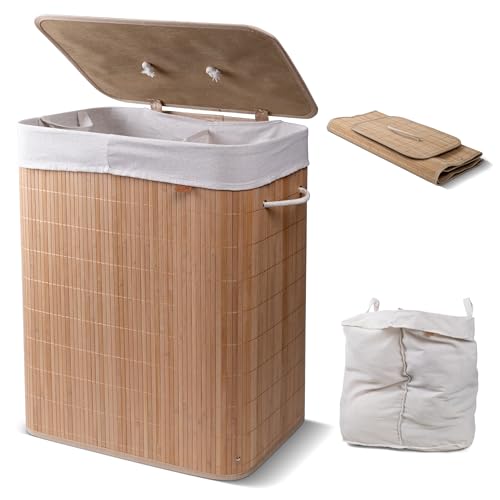 CleverMade Bamboo Double Laundry Hamper LUXE, 103L, Natural Bamboo Hamper | Sort Laundry as You Go with Dual Removable Liners | Lift Each Bag to the Washer and Keep Clothes Hidden Under the Lid - size: Double