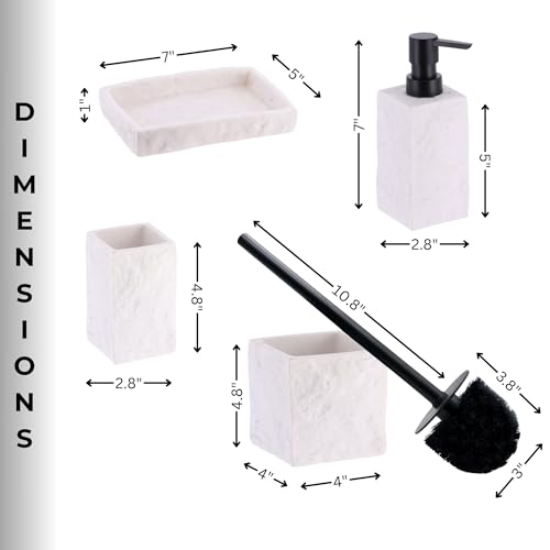 Collection Stone Effect Bath Accessory Set-4 Pieces, Resin, White | Soap Dispenser, Tumbler, and Toilet Brush Holder, Contemporary, Durable Construction, Bathroom Accessories Set, Easy to Clean - size: White