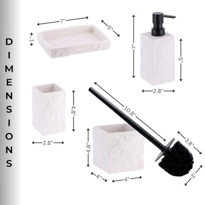 Collection Stone Effect Bath Accessory Set-4 Pieces, Resin, White | Soap Dispenser, Tumbler, and Toilet Brush Holder, Contemporary, Durable Construction, Bathroom Accessories Set, Easy to Clean - size: White