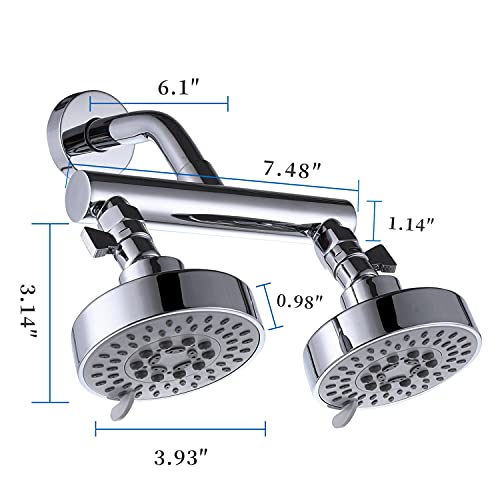AZOS Double Shower Head with Shut-Off Valve, Bathathroom High Pressure Dual Fixed Rain Shower Head Combo with Brass Dual Outlet Manifold, Adjustable 5 Function Showerhead Chrome - color: Chrome