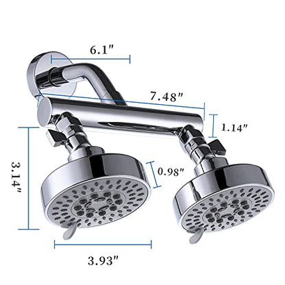 AZOS Double Shower Head with Shut-Off Valve, Bathathroom High Pressure Dual Fixed Rain Shower Head Combo with Brass Dual Outlet Manifold, Adjustable 5 Function Showerhead Chrome - color: Chrome