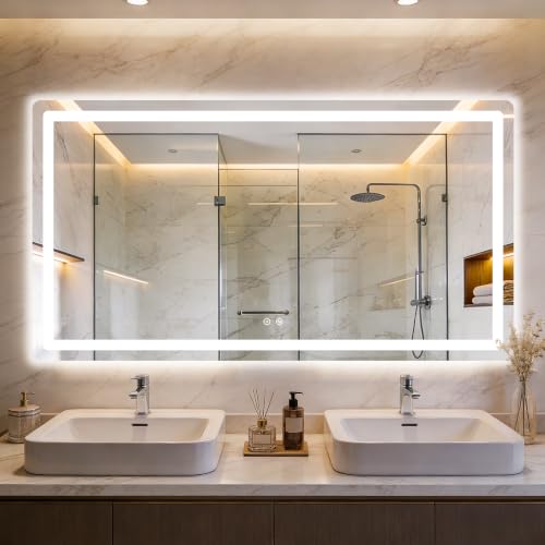 LED Bathroom Mirror with Lights, 30" x 55" Lighted Vanity Mirror | Frontlight+Backlit, 3 Colors Dimmable Brightness, Anti-Fog, Memory Function, Shatterproof Tempered Glass, Horizontal/Vertical - size: 55"L x 30"W