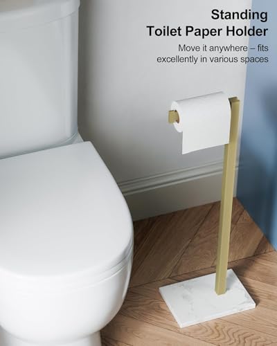 Freestanding Toilet Paper Holder Stand Brushed Gold Tissue Roll Holder | SUS 304 Stainless Steel Rustproof 22 Inch Rotating Bathroom Toilet Paper Stand for 4 Rolls with Marble Base by HOMEMYSTIQUE - color: Brushed Gold