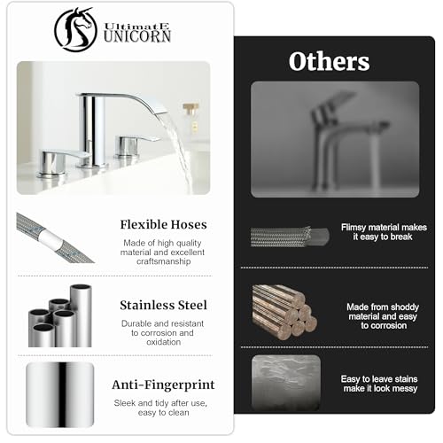 Ultimate Unicorn 8 inch Bathroom Faucet Chrome, Waterfall Bathroom Faucet with Metal Pop-up Sink Drain Stopper and 2 Supply Hoses,2 Handle Widespread Faucets for Vanity Sink 3 Holes | Waterfall Bathroom Faucet with Metal Pop-up Sink Drain and 2 Supply Hos