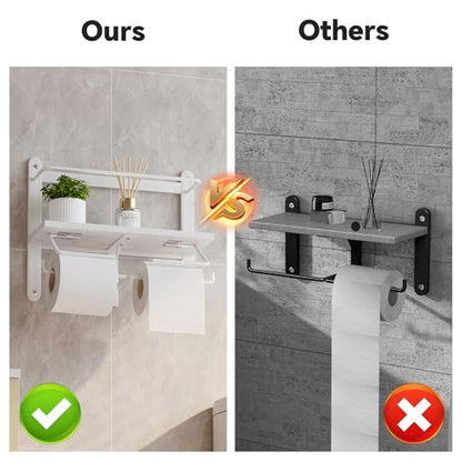 Homeiju Double Toilet Paper Holder with Shelf, Wooden Wall-Mounted Toilet Paper Roll Holder, Wall-Mounted Bathroom Organizer, Double Roll, Suitable for Bathrooms(White)