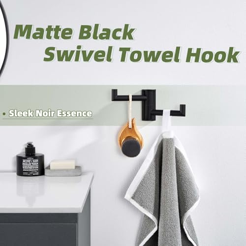 Swivel Towel Hook for Bathrooms with 2 Rotating Arms, Matte Black | Rustproof 304 Stainless Steel, Heavy Duty 11 lbs Double Wall Hook for Towel, Coat, Bag, Kitchen or Entryway, Drilling Mounted