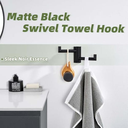 Swivel Towel Hook for Bathrooms with 2 Rotating Arms, Matte Black | Rustproof 304 Stainless Steel, Heavy Duty 11 lbs Double Wall Hook for Towel, Coat, Bag, Kitchen or Entryway, Drilling Mounted