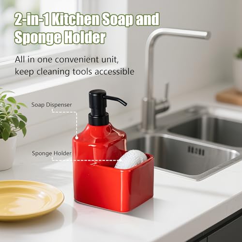 Gets Soap Dispenser Red Ceramic Pump Bottle with Storage Holder | Countertop Liquid Hand Wash Bottle with Organizer Tray for Bathroom, Kitchen, Refillable Modern Dispenser for Vanity Sink - size: Red With Sponge Holder