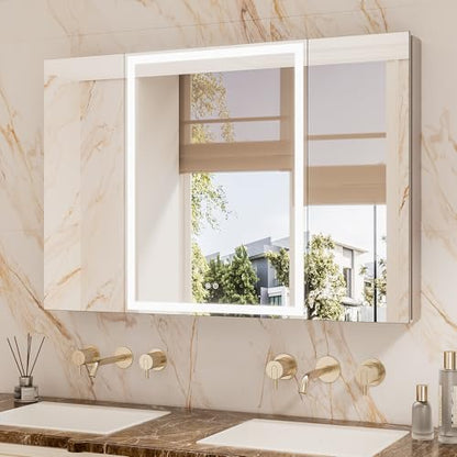 TETOTE 48 x 32 Lighted Bathroom Medicine Cabinet with Adjustable Shelves, Silver Aluminum Cabinet, Anti-Fog Stepless Dimmable 3 Colors White/Warm/Natural, Easy to Install(Wall Mount/Recessed) - color: Silver, size: 32"L x 48"W