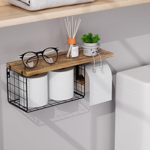 VITVITI Toilet Paper Holder with Shelf, Wall Mounted Storage Basket, Brown | Farmhouse Wall Mount Toilet Paper Holder Shelves, Wood Metal Toilet Roll Wipes Holder for Bathroom - color: Brown