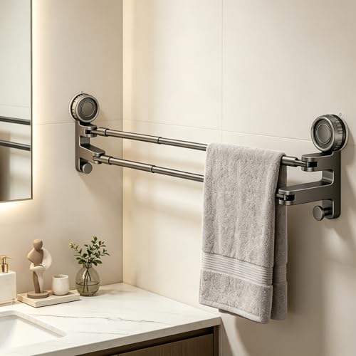 Adjustable Suction Cup Towel Bar, Grey, 20-34", 2-Tier | Extendable Carbon Steel Towel Racks, Space Saving, Bath Towel Holder with Hooks, No-Drill Mounted, For Bathroom Wall
