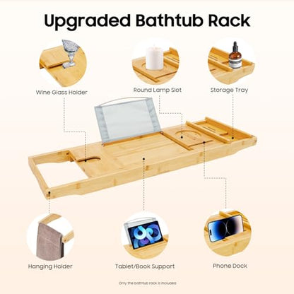 Bathtub Tray Caddy, Expandable Bamboo Bath Tray Waterproof Bamboo Bathtub Trays Bathroom Organizer for Housewarming, Anniversary, Wedding