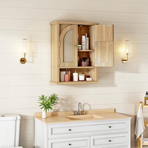 HOOBRO Arched Rattan Wall Cabinet for Bathroom, Over Toilet Storage Cabinet with Doors and Open Shelf, Farmhouse Medicine Cabinet with Adjustable Shelf for Bathroom Kitchen, Natural