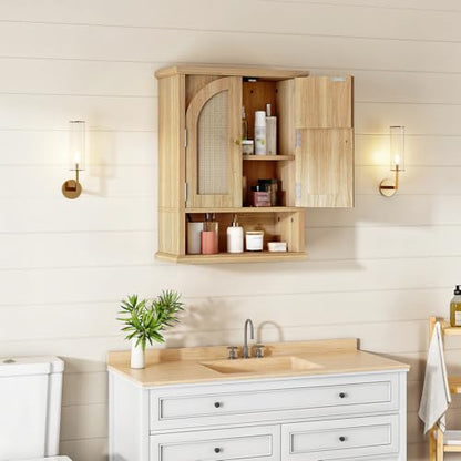 HOOBRO Arched Rattan Wall Cabinet for Bathroom, Over Toilet Storage Cabinet with Doors and Open Shelf, Farmhouse Medicine Cabinet with Adjustable Shelf for Bathroom Kitchen, Natural
