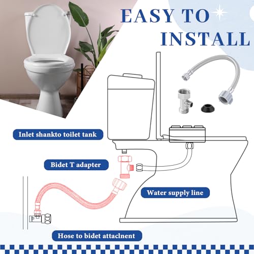 Blulu Bidet T Adapter, Brass 3 Way Valve with 12 Inch Toilet Connector | Fits 7/8" x 7/8" x 3/8" Bidet Connections, Solid Brass Valve, Stainless Steel Hose, Leak Resistant Seal for Toilet Bathroom