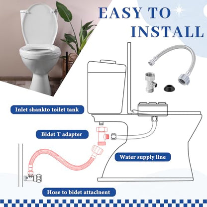 Blulu Bidet T Adapter, Brass 3 Way Valve with 12 Inch Toilet Connector | Fits 7/8" x 7/8" x 3/8" Bidet Connections, Solid Brass Valve, Stainless Steel Hose, Leak Resistant Seal for Toilet Bathroom