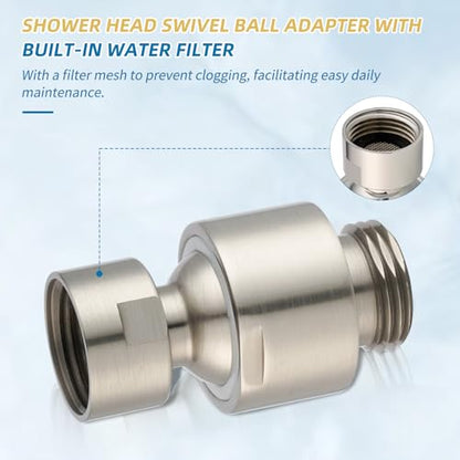 Hibbent All Metal Shower Head Swivel Ball Joint Adapter, Solid Brass Adjustable Shower Arm Connector, Shower Arm Extension, Showerhead Connector, Universal Showering Component, Brushed Nickel - color: Brushed Nickel