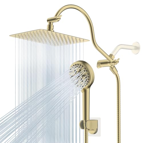 Hibbent All Metal CUPC Certified Shower Head, 10'' High Pressure Rainfall Shower Head, Handheld Showerhead Combo, 12'' Adjustable Extension Arm, 10 Sprays, 71'' Hose, Shower Holder, Brushed Gold - color: Brushed Gold, style: Square 10''
