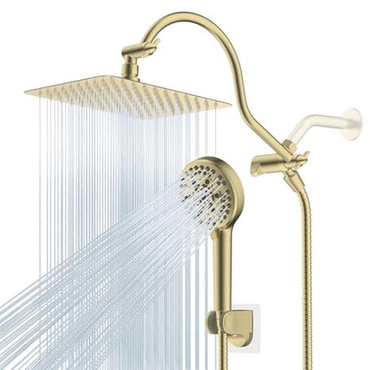 Hibbent All Metal CUPC Certified Shower Head, 10'' High Pressure Rainfall Shower Head, Handheld Showerhead Combo, 12'' Adjustable Extension Arm, 10 Sprays, 71'' Hose, Shower Holder, Brushed Gold - color: Brushed Gold, style: Square 10''