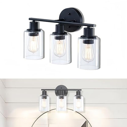 WISBEAM 3-Light Vanity Light Over Mirror, Black Bathroom Wall Light Fixtures with Clear Glass Shade Including E26 Medium Base, Bulb NOT Included - color: Black, size: VNT004
