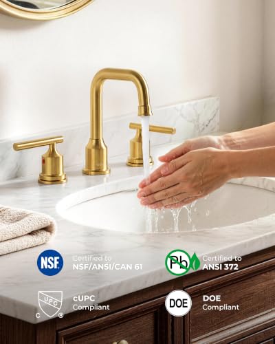 WOWOW Gold Bathroom Faucet 3 Hole, Widespread Vanity Sink Faucets 8 Inch | Copper Inlet Faucet for Bathroom Sink with Swivel Spout, 2 Handles Lavatory Tap with Drain and cUPC Supply Line (Set of 2) - color: Brushed Gold x 2, style: Upgrade-8 Inch