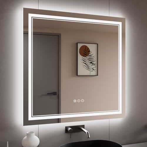38x38 Inch LED Bathroom Mirror with Lights | Front and Backlit, 3 Colors, Dimmable, Memory, Anti Fog, Shatterproof, Horizontal/Vertical, Lighted Mirrors for Bathroom Wall - color: Dual Lights, size: 38"L x 38"W