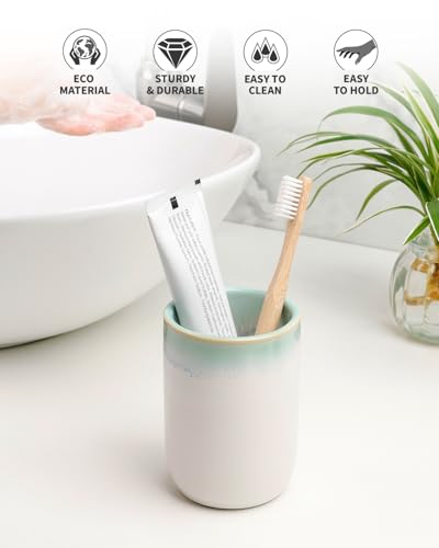 BosilunLife Ceramic Toothbrush Holder - 12oz Bathroom Toothbrush Holder Tooth Brush Holders Tumbler Cups Reusable Toothbrush Mouthwash Cup Small Toothbrush and Toothpaste Holder, White with Blue-Green - color: White With Blue-green-cyl, size: cylinder