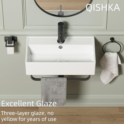 Wall Mount Rectangular Vessel Sink with Towel Rack, QISHKA 21.5"x12.5" Modern Ceramic Bathroom Floating Sink, White Rectangle Vanity Sink with Overflow, Wall Hung Wash Hand Basin - size: 21.5" x 12.5" x 5.1"