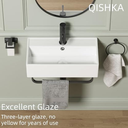 Wall Mount Rectangular Vessel Sink with Towel Rack, QISHKA 21.5"x12.5" Modern Ceramic Bathroom Floating Sink, White Rectangle Vanity Sink with Overflow, Wall Hung Wash Hand Basin - size: 21.5" x 12.5" x 5.1"