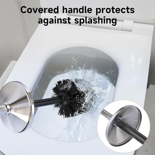 Silver Toilet Brush and Holder，Extra Long Handled Toilet Brush for Bathroom，Stainless Steel Heavy Duty Toilet Bowl Brush,Deep Cleaning Modern Toilet Cleaner Brush -Space Saving, Covered Brush - color: Silver