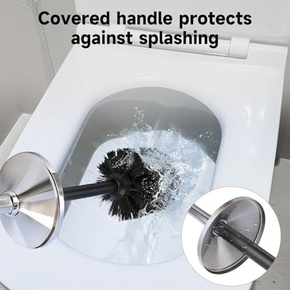 Silver Toilet Brush and Holder，Extra Long Handled Toilet Brush for Bathroom，Stainless Steel Heavy Duty Toilet Bowl Brush,Deep Cleaning Modern Toilet Cleaner Brush -Space Saving, Covered Brush - color: Silver