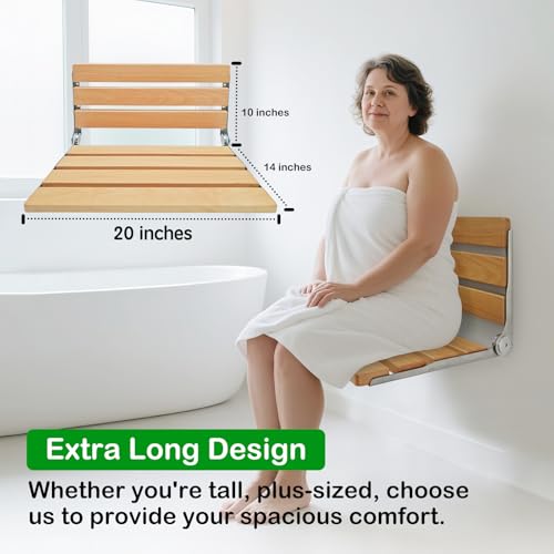 Wall Mounted Folding Shower Seat, 20 Inch Extra Large Solid Wood Shower Bench with Upgraded Waterproof Coating, 440 lbs Capacity for Seniors, Fold Down Shower Seat Easy Install ADA Compliant - size: 20 inches