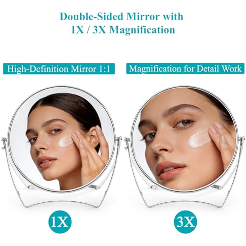 2 Pack Two-Sided Makeup Mirror with Handle, 1X and 3X Magnifying Mirror, 360° Swivel Vanity Table Mirror, Portable Bathroom Shaving Mirror for Desk, Travel, Women, 6" Round