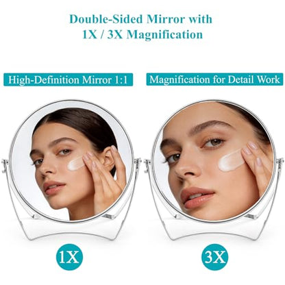 2 Pack Two-Sided Makeup Mirror with Handle, 1X and 3X Magnifying Mirror, 360° Swivel Vanity Table Mirror, Portable Bathroom Shaving Mirror for Desk, Travel, Women, 6" Round