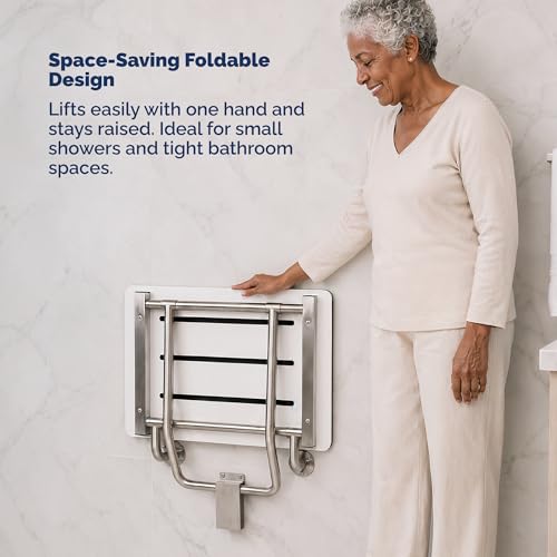 Phenolic Folding Shower Seat, White, 400 lb, 18 in x 16 in | Handicap Shower Bench Seating for the Elderly and Disabled, ADA Compliant Foldable Bath Seat, Heavy Duty Steel Frame, 400 lbs