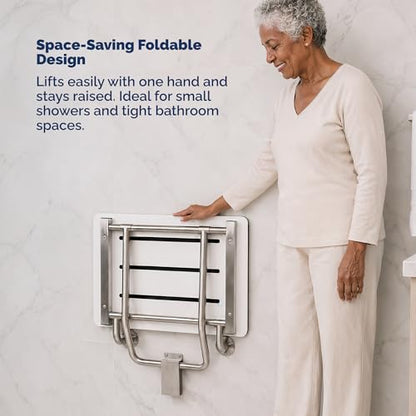 Phenolic Folding Shower Seat, White, 400 lb, 18 in x 16 in | Handicap Shower Bench Seating for the Elderly and Disabled, ADA Compliant Foldable Bath Seat, Heavy Duty Steel Frame, 400 lbs