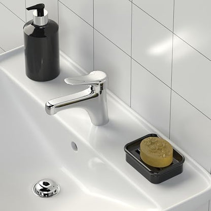 2-Piece Composite Granite Soap Dish for Shower - Elegant Stone-Look Bar Soap Holder with Strainer - Durable & Non-Porous Soap Tray for Bathroom and Kitchen Sink, Easy Clean (Black) - color: Black
