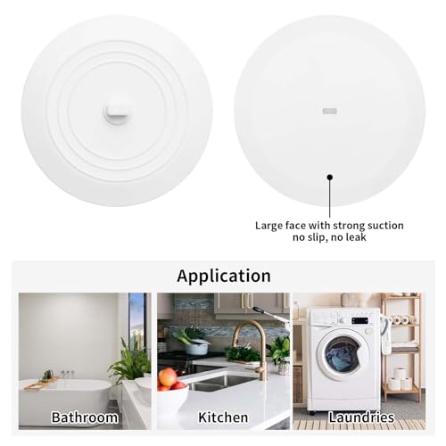 Vaincre 2PCS 5" Universal Silicone Bathtub Drain Stopper with Suction Seal | White, Leak Proof, Hair Trapping, Universal Fit, For Tub Sink Laundry Drain, Bathroom Kitchen Use, Easy Clean - color: White+white