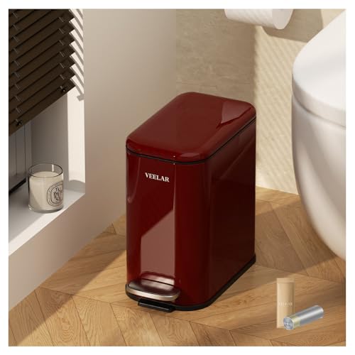 Slim Bathroom Trash Can with Lid, 1.6 Gallon / 6 Liter Stainless Steel Trash Bin, Step Pedal Garbage Cans for Bedroom, Kitchen, Office (Red) - color: Red(Step Pedal), size: 1.6 Gallon (6L)