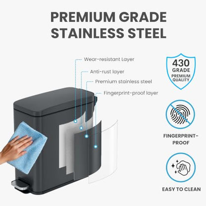 iTouchless 3 Gal Nursery Bin | Step Pedal Diaper Trash Can | Matte Grey | Wall-Hugger Shape Fits Narrow Gaps | Whisper-Quiet AirNova Damper | Matte Coating Resists Prints | Removable Liner Bucket - color: Gray