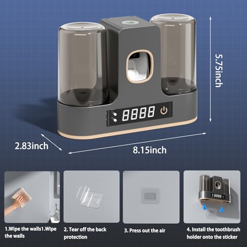 Electric Toothbrush Holders for Bathrooms, Dustproof Smart Toothbrush Holder Wall Mounted - 4 Brush/2 Cup, Auto Toothpaste Dispenser, Hot Air Drying & LCD Display,Toothbrush Cleaner (Gray) - color: Gray