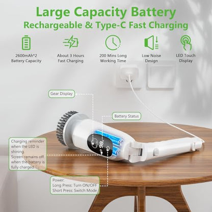Electric Spin Scrubber, Bathroom Scrubber with Aluminum Alloy Handle | 3H Work Time, Cordless Cleaning Brush with 3-Speed, IPX7 Waterproof, 8 Brush Heads for Tile, Tub, Floor, Toilet, Grout