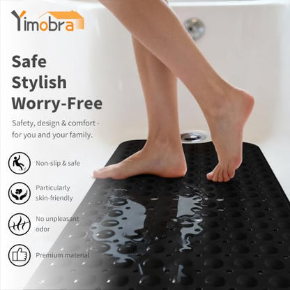 Yimobra Non Slip Bathtub Mat 40 x 16 Inch, Extra Long Shower Mat with Drain Holes, Machine Washable Baby Bath Mats, Strong Suction Cups for Bathroom Floor, Black - color: Black
