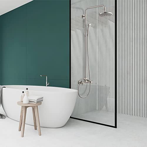Heyalan Dual Shower System, 8 Inch Rain Head, Handheld,Brushed Nickel | Dual shower system with 8 inch rain head, handheld sprayer, exposed pipe design, two-handle control, and brass body. - color: Brushed Nickel